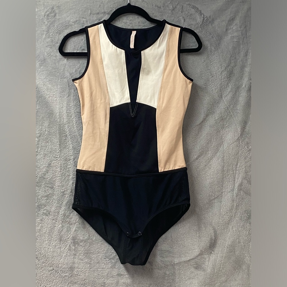 NWOT WEAR IN GOOD HEALTH Bodysuit Shapewear Black Tan Mesh Colorblock Luxury SzS